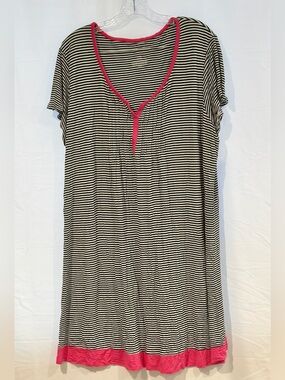 Striped Short-Sleeve House Dress with Pink Trim